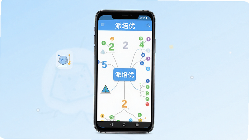 派培优 App 安卓界面全景展示,主体为手机屏幕,屏幕内显示数学思维导图界面,背景为浅蓝色渐变,布局整洁,排版清晰,风格清新简约,细节丰富,包含数字、几何图形图标,文字“派培优”清晰可见,高清画质,无多余元素,干净背景