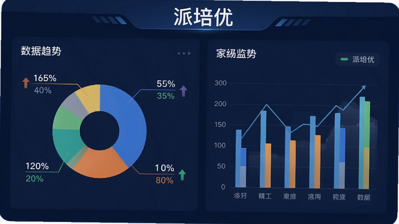 派培优 家长监控面板界面,主体为数据仪表盘,包含饼图和柱状图,背景为深蓝色,布局左右分栏,排版专业,风格数据可视化,细节包含百分比数字和趋势箭头,文字“派培优”位于顶部,高清,清晰