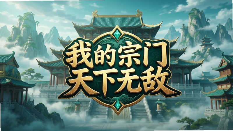一张高清游戏宣传海报,主体为“我的宗门天下无敌”Logo,背景是云雾缭绕的仙侠山脉与宏伟的宗门大殿,色调以青绿色和金色为主,排版居中,风格为3D渲染,细节丰富,画质4k,干净无多余元素