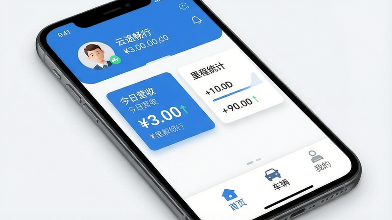 一张高清手机应用界面展示图,主体为“云途畅行”APP首页,布局清晰,顶部显示用户头像与余额,中间突出显示“今日营收”与“里程统计”卡片,底部导航栏包含首页、订单、车辆、我的四个图标,风格为现代扁平化设计,配色以蓝色和白色为主,细节处有细微阴影增加立体感,画质清晰,干净,无多余元素,文字“云途畅行”清晰可见