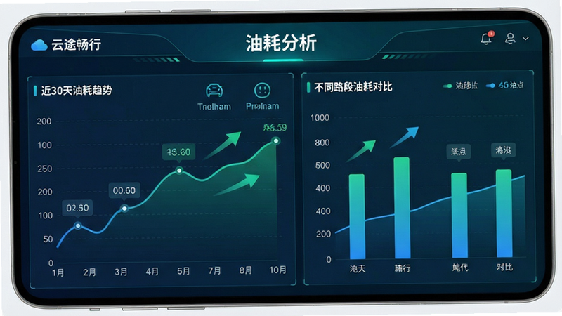 一张数据可视化图表界面图,主体为“云途畅行”APP内的油耗分析页面,布局采用左右分栏,左侧为折线图展示近30天油耗趋势,右侧为柱状图对比不同路段油耗,风格为科技蓝绿色调,细节处有数据标签和趋势箭头,画质高清,干净,无多余元素,文字“油耗分析”清晰可见
