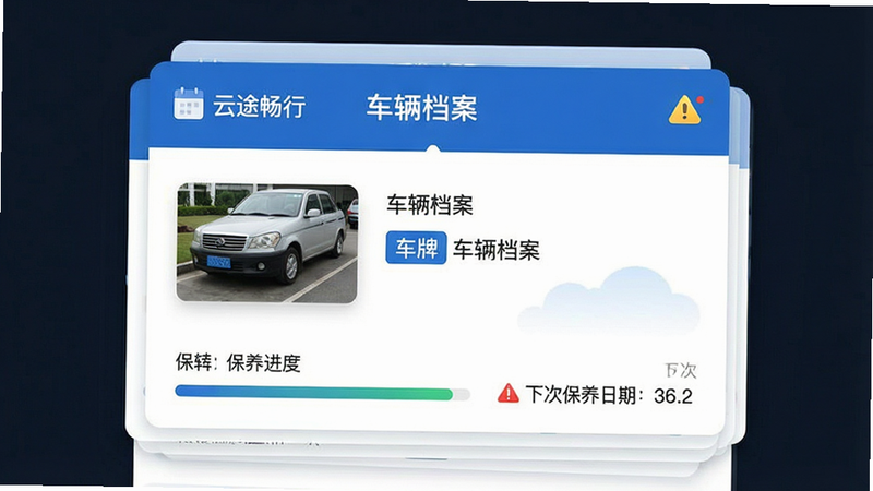 一张卡片式界面图,主体为“云途畅行”APP的车辆档案页,布局为多卡片堆叠,显示车辆图片、车牌号、保养进度条、下次保养日期,风格为商务蓝白配色,细节处有日历图标和警示图标,画质高清,干净,无多余元素,文字“车辆档案”清晰可见
