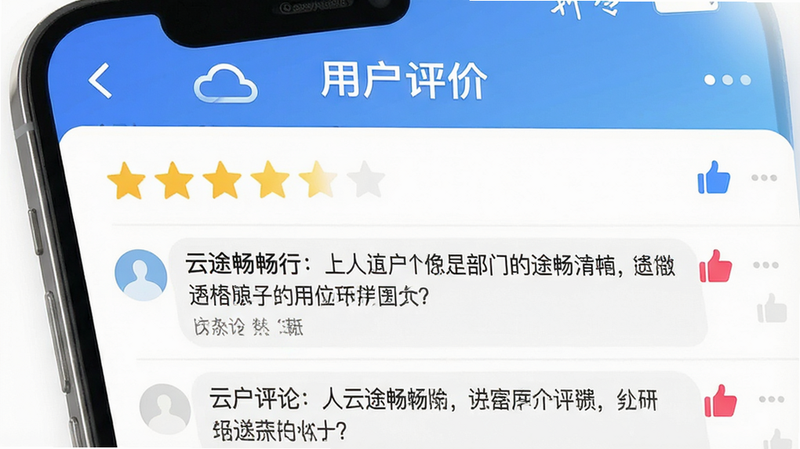 一张用户评价界面图,主体为“云途畅行”APP的用户反馈页,布局为星级评分与文字评论列表,风格为社区互动风,细节处有点赞图标,画质高清,干净,无多余元素,文字“用户评价”清晰可见