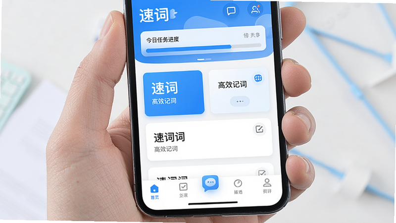 主体为手机屏幕界面,显示“速词”APP主界面,布局清晰,顶部为今日任务进度条,中部为单词卡片列表,底部为导航栏;风格为现代扁平化设计,细节处展现科技蓝与白色搭配,画质高清,干净无多余元素,文字清晰显示