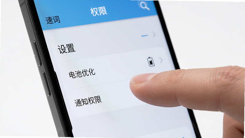 主体为手机侧面特写,屏幕显示“速词”APP的设置界面,布局为列表式选项,突出显示“电池优化”和“通知权限”;风格为写实摄影,细节展示手指点击屏幕的动作,画质逼真,干净背景,文字清晰可见