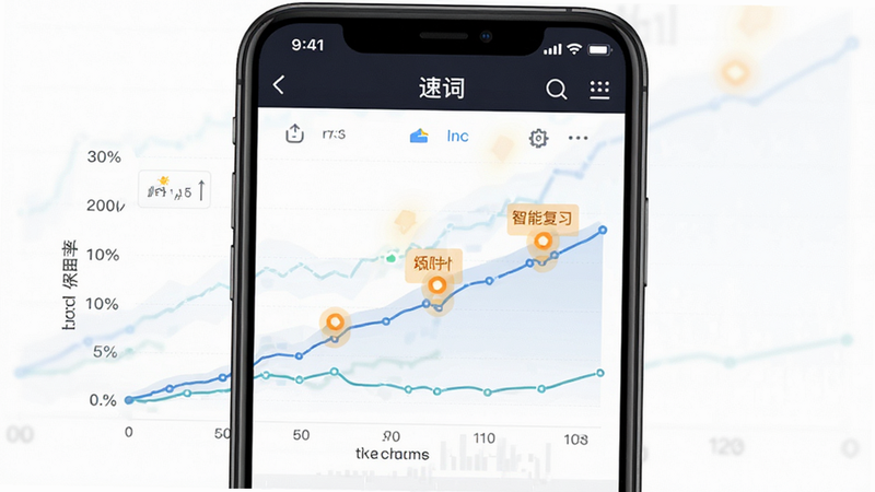 主体为手机界面截图,展示“速词”APP的记忆曲线图表,布局为折线图形式,横轴为时间,纵轴为记忆保留率;风格为数据可视化图表,细节包含高亮显示的复习节点,画质清晰,干净无水印,文字标注