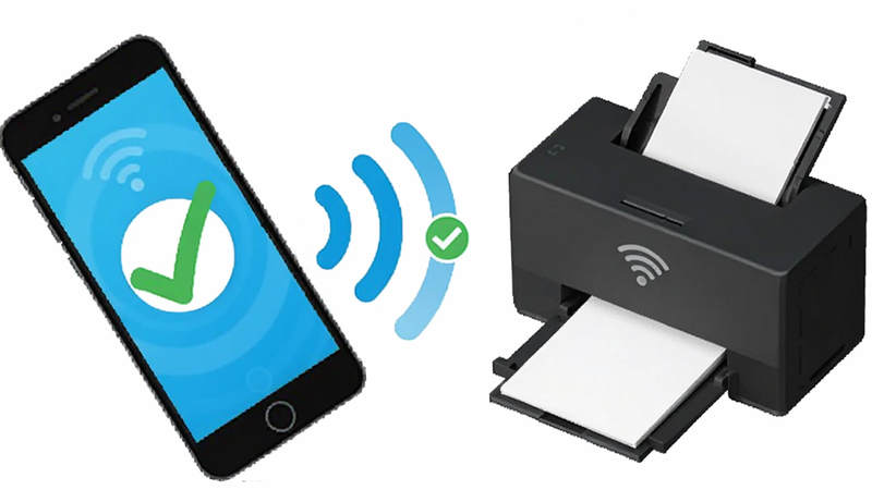 �ֻ������ߴ�ӡ��ͨ��WiFi�ź����ӵ�ʾ��ͼ������Ϊ�ֻ��ʹ�ӡ�������ֳʶԽ��߷ֲ����м��ж�̬��WiFi�źŲ��ƣ�����ƽ����ϸ��չʾ���ӳɹ��ĶԹ�ͼ�꣬����������ɫ�������������ұ���