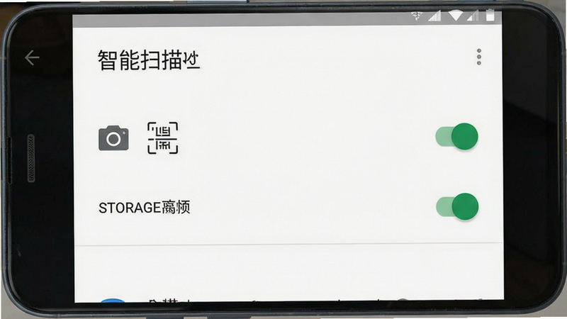 一张手机设置界面的示意图,显示“智能扫描”应用的权限设置页面,相机和存储权限已开启,界面风格为Android原生Material Design,简洁清晰,无多余弹窗,高清屏幕截图风格