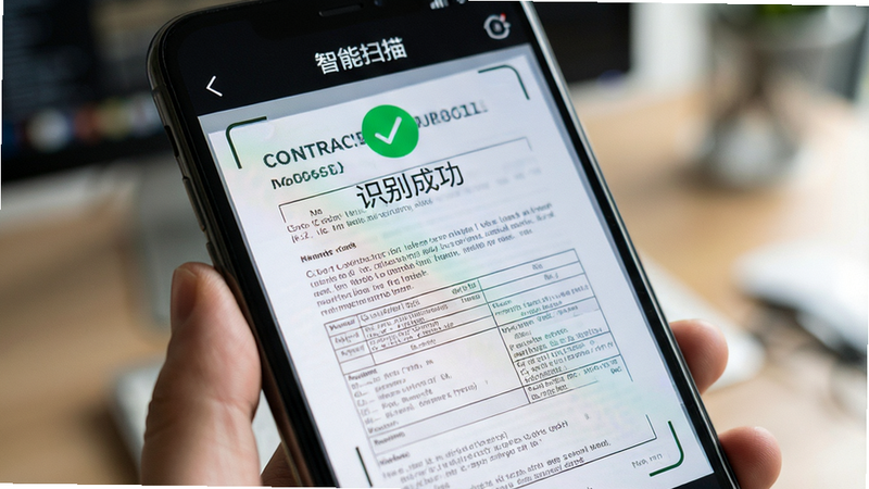 一张特写照片,展示手机屏幕上的“智能扫描”界面,正在识别一份带有复杂表格的合同文档,屏幕上方显示“识别成功”的绿色对勾,背景虚化突出屏幕内容,光线柔和,细节清晰,无水印,高清摄影风格