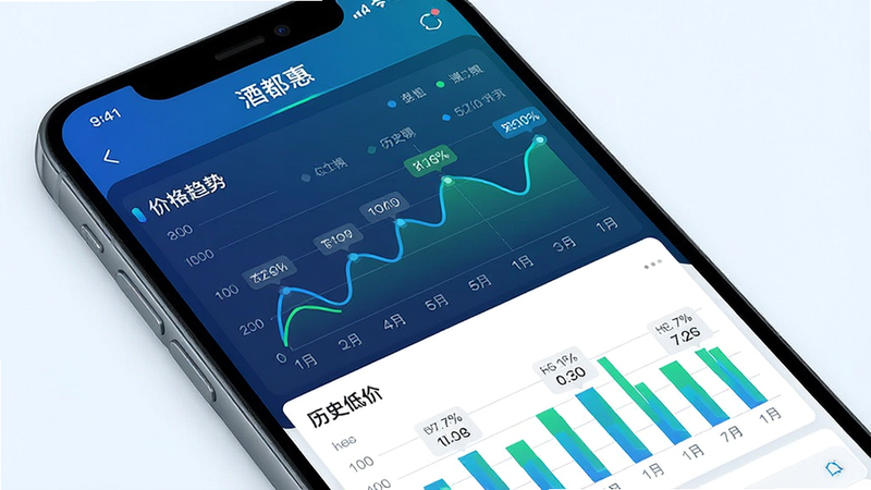 一张数据可视化风格的手机界面图,主体为“酒都惠”的价格趋势分析页面,布局包含折线图和柱状图,显示价格波动情况,风格科技感强,蓝色和绿色为主色调,细节处有数据标签,画质清晰,干净,无多余元素,文字内容为“价格趋势”、“历史低价”