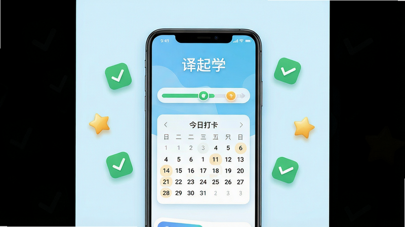 主体为一款名为“译起学”的安卓手机应用界面展示图,背景为清新的淡蓝色渐变,手机屏幕中央显示学习进度条与今日打卡日历,周围漂浮着绿色的对勾图标和金色的星星元素,布局采用中心对称式,排版整洁有序,风格为现代扁平化UI设计,细节处有柔和的阴影效果,画质高清,干净无多余元素,画面中清晰可见中文文字“译起学”