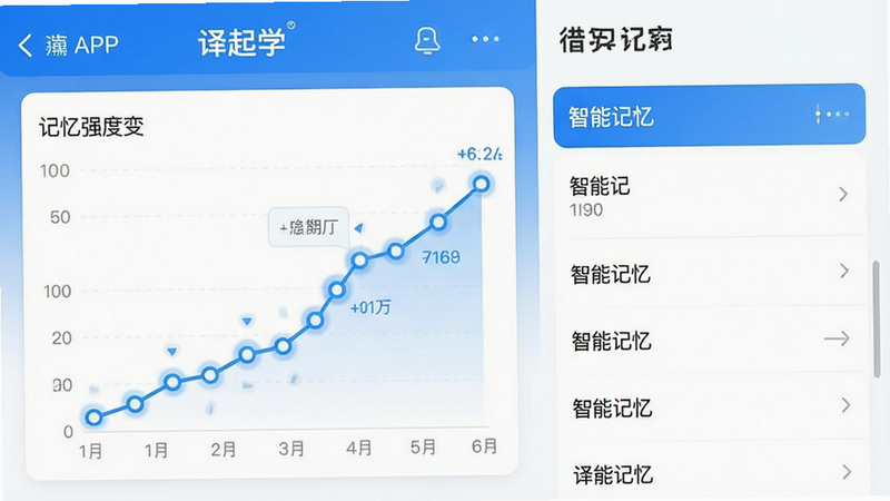 主体为“译起学”APP的记忆曲线界面截图,屏幕左侧显示折线图展示记忆强度变化,右侧列出待复习单词列表,背景为白色简洁底,布局左右分栏,排版清晰,风格为科技感蓝白色调,细节处有数据节点高亮,画质清晰,干净,无多余装饰,画面中显示中文文字“智能记忆”