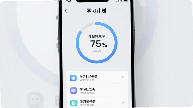主体为“译起学”APP的学习计划设置页面,屏幕中央是一个圆形的进度环,显示今日完成率75%,下方是具体的任务列表图标,背景为浅灰色,布局垂直居中,排版简约大方,风格为商务简约风,细节处有细腻的纹理质感,画质高,干净,无杂乱元素,画面中显示中文文字“学习计划”