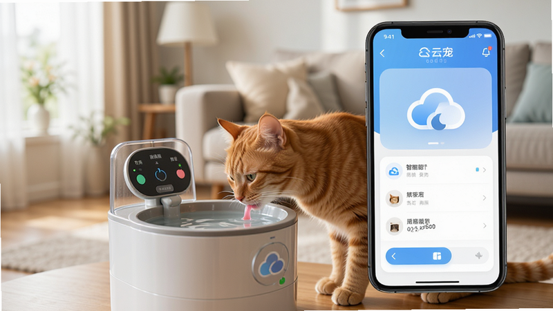 手机屏幕特写,显示云宠智能APP界面,背景为温馨的现代客厅,一只橘猫正在智能饮水机前喝水,画面清晰,高清摄影风格,柔和自然光,突出科技与生活融合