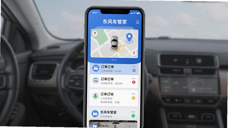 主体为东风车管家APP界面展示,布局采用中心对称结构,排版清晰整洁,风格为现代扁平化商务设计,细节包含车辆地图定位图标、订单列表卡片、蓝色主色调背景,画质高清,干净无多余元素,无文字干扰