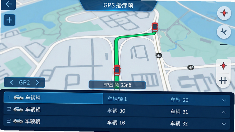 主体为车载GPS定位地图界面,布局上方为地图区域,下方为车辆列表栏,排版规整,风格科技感蓝色系,细节显示绿色路线轨迹与红色车辆图标,画质清晰,干净无多余元素,无文字