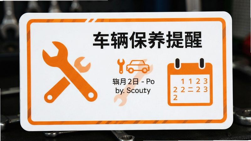 主体为车辆保养提醒卡片,布局居中显示,排版紧凑,风格橙色警示色调,细节包含扳手图标与日历日期,画质清晰,干净无多余元素,无文字