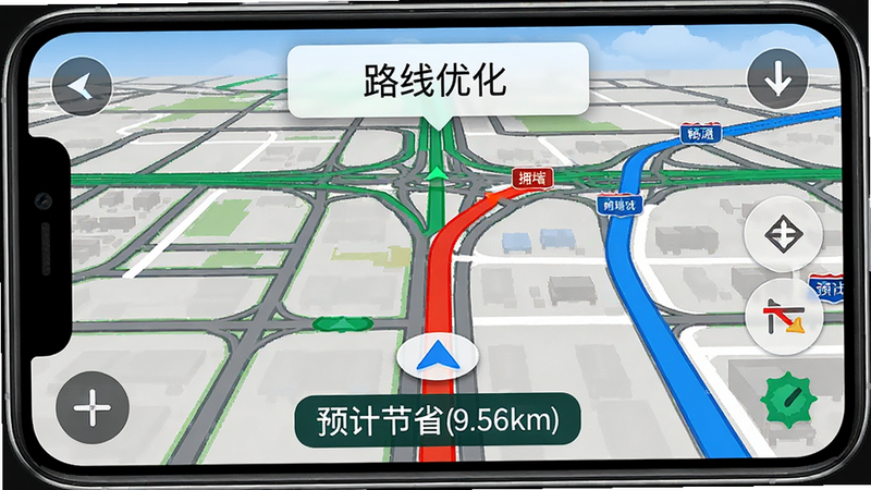 手机导航界面,显示一条复杂的城市道路网络,其中一条道路被标记为红色代表拥堵,另一条被标记为蓝色代表畅通,屏幕上方有“路线优化”提示框,下方显示预计节省时间,风格写实,色彩对比强烈,细节丰富,无UI遮挡,高清