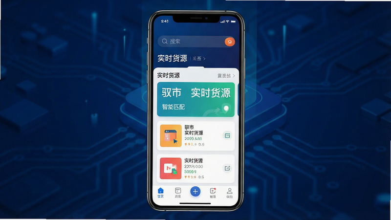 画面主体为一部竖屏显示的智能手机,屏幕界面清晰展示“驭市”APP的主页,背景为简洁的深蓝色科技风,UI布局包含顶部搜索栏、中部实时货源列表卡片、底部导航栏,图标设计扁平化且色彩鲜明,文字标注“驭市”、“实时货源”、“智能匹配”,整体风格现代、专业、高清,无多余元素,画质8k,干净通透