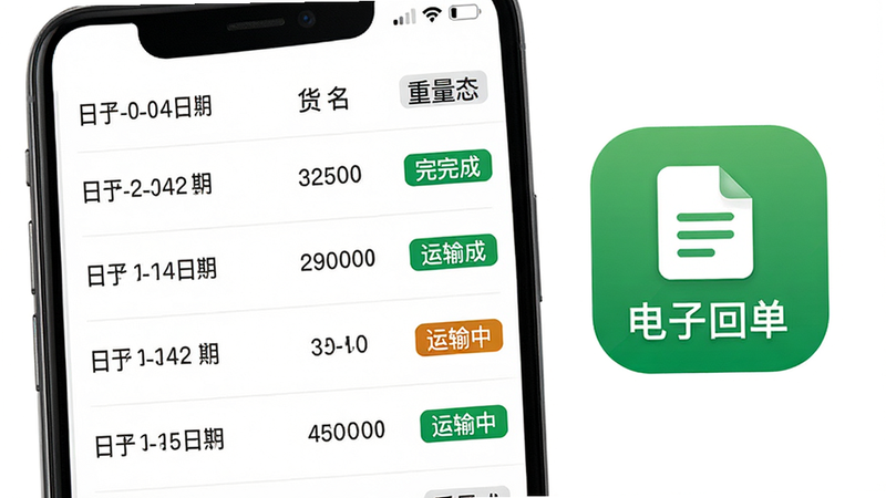 手机界面展示电子回单列表,每条记录包含日期、货名、重量、状态标签(已完成/运输中),界面右侧有一个绿色的“电子回单”大图标,背景为纯白色,文字清晰可读,排版整齐,风格商务简约,无水印,高清渲染