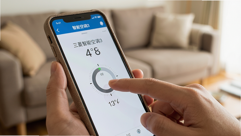 主体为一只手握着智能手机,屏幕显示“三菱智能空调3”APP正在调节温度,布局为近景特写,排版聚焦于手指点击温度圆盘的交互动作,风格为温馨家居生活感,细节包含手机壳纹理及背景模糊的客厅沙发,画质清晰,干净,无多余元素