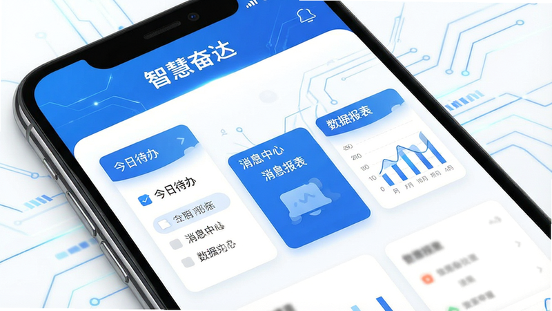 一张高清的手机应用界面展示图,主体为“智慧奋达”APP首页,布局清晰,顶部显示“智慧奋达”标题,中间展示“今日待办”、“消息中心”、“数据报表”三个核心模块卡片,风格为现代扁平化商务设计,蓝色主色调,背景纯净白色,细节处体现科技感线条,画质4k,无多余元素