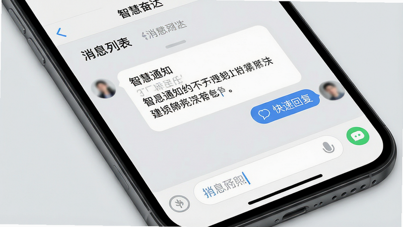 手机屏幕特写,显示“智慧奋达”聊天界面,气泡框中显示工作通知内容,底部输入栏清晰,背景为浅灰色,风格简洁专业,突出“消息列表”和“快速回复”功能,画质清晰,无水印,干净背景