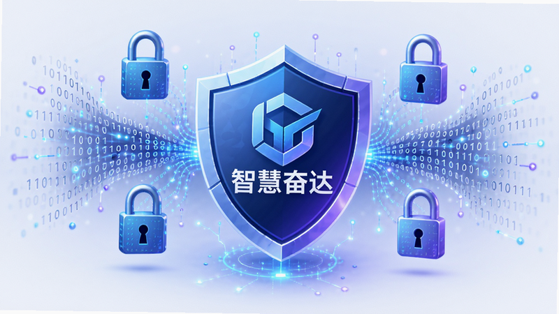 抽象的数据安全概念图,主体为“智慧奋达”图标被盾牌保护,周围环绕着加密锁和数据流,布局中心对称,风格为科技蓝紫色调,细节展现二进制代码流,画质高清,无多余装饰,干净背景
