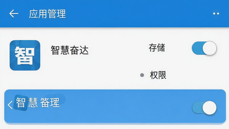 手机设置界面示意图,显示“应用管理”页面,高亮显示“智慧奋达”应用,旁边有“存储”和“权限”选项,风格为安卓系统原生UI,蓝色主题,布局清晰,细节展示开关状态,画质清晰,无多余图标
