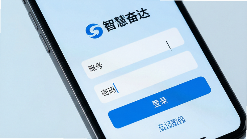 手机登录界面特写,显示“智慧奋达”Logo,下方有“账号”、“密码”输入框和“登录”按钮,底部有“忘记密码”链接,背景为淡蓝色渐变,风格简洁,细节展示输入光标,画质高清,无多余元素