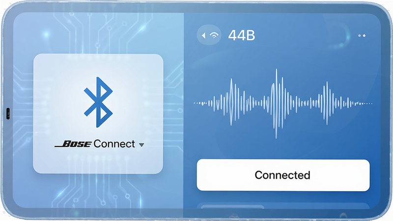 ������Bose ConnectӦ�ý���Ԥ��ͼ�����ֲ������ҷ����������ʾ������������״̬ͼ�꣬�Ҳ�չʾ��Ƶ���ζ������Ű��������࣬���Ϊ�ִ�����Ƽ��磬ϸ�ڰ�����͵���ɫ���䱳�����ɫ��ƬʽUIԪ�أ����ʸ���4k���ɾ����޶���Ԫ�أ���������Ϊ