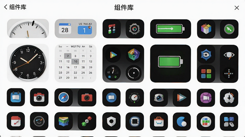 主体为“玩转小组件”的组件库预览界面,布局为网格状排列,展示多种不同风格的组件缩略图,包括时钟、日历、电池状态等,背景为纯白色,风格为极简科技风,细节展示组件的丰富多样性,文字“组件库”位于顶部标题栏,画质高清,干净无杂乱元素