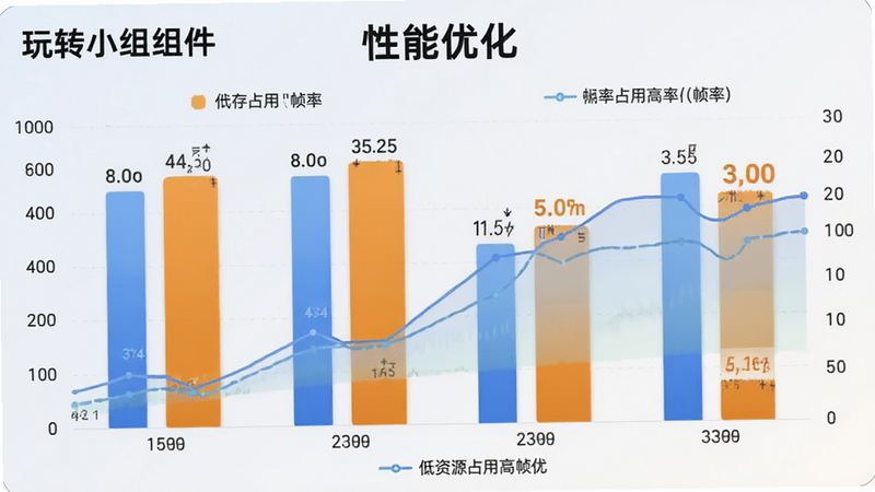 主体为“玩转小组件”的性能测试数据图表,布局为柱状图与折线图结合,展示内存占用与帧率数据,背景为浅色渐变,风格为专业数据分析风,细节展示低资源占用的高帧率表现,文字“性能优化”位于图表上方,画质清晰,无噪点