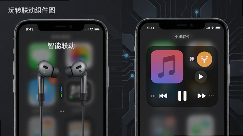 主体为“玩转小组件”的智能联动演示图,布局分为左右两部分,左侧显示手机插耳机的状态,右侧显示音乐组件自动播放的界面,背景为深灰色科技感界面,风格为现代UI设计,细节展示组件与系统状态的实时反馈,文字“智能联动”醒目显示,画质精细,无冗余装饰