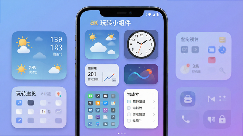 主体为“玩转小组件”安卓应用的高清界面展示图,布局采用居中构图,展示手机屏幕中排列整齐的多种动态小组件,如天气卡片、时钟、待办事项列表,背景为柔和的渐变蓝紫色,风格为现代扁平化设计,细节清晰呈现组件的圆角与阴影效果,文字“玩转小组件”清晰可见,画质8k,干净无多余元素