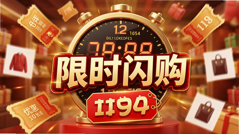 促销活动视觉设计图,主体为倒计时时钟与打折标签,布局中心突出“限时闪购”字样,周围环绕飞舞的优惠券与商品缩略图,风格热烈而精致,色调以金色与红色点缀,细节体现紧迫感与价值感,画质高清,背景虚化突出主体,无多余干扰元素