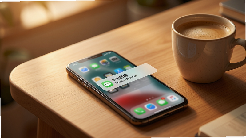 Boogu-Image prompt: A smartphone lying on a wooden desk next to a coffee cup. The screen shows the '��������' app in the background, with a floating notification bubble indicating a new secure message. The scene is warm and cozy, with soft lighting. The style is photorealistic, high definition, shallow depth of field, focusing on the phone screen. Clean and uncluttered workspace.