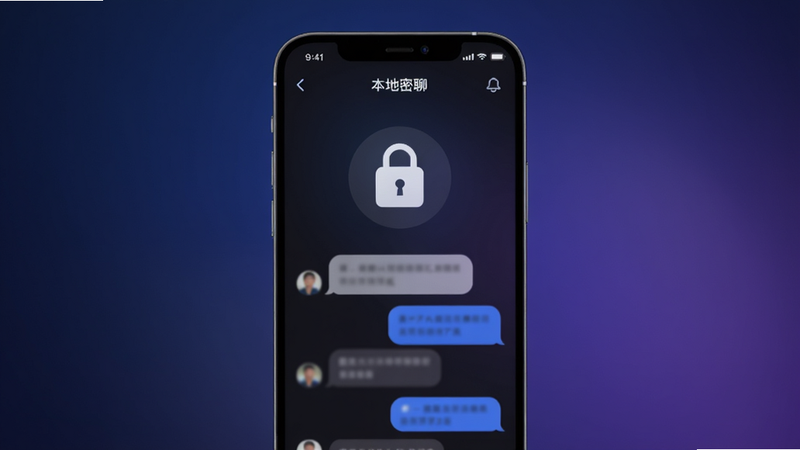 Boogu-Image prompt: A modern and minimalist smartphone screen displaying the interface of an app named '��������'. The UI features a clean dark mode design with a prominent lock icon indicating security. Chat bubbles are visible with blurred content to emphasize privacy. The background is a soft gradient of deep blue and purple. The layout is centered, with a clear hierarchy. High resolution, 4k, clean vector style, no unnecessary elements, professional UI/UX design.