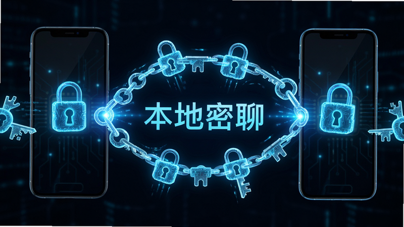Boogu-Image prompt: A conceptual illustration of digital security. Two smartphones are connected by a glowing, intricate chain of locks and keys made of light. The text '��������' is subtly integrated into the center of the connection. The style is futuristic and tech-oriented, with a dark background and neon blue accents. Clean composition, high detail, 8k rendering, focused on the concept of encrypted data transfer.
