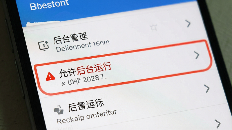 主体为手机设置界面,高亮显示“允许后台运行”选项,布局为典型的Android设置列表,风格为系统原生UI,细节处有红色警示图标,画质清晰,干净无水印,文字'后台运行'高亮显示