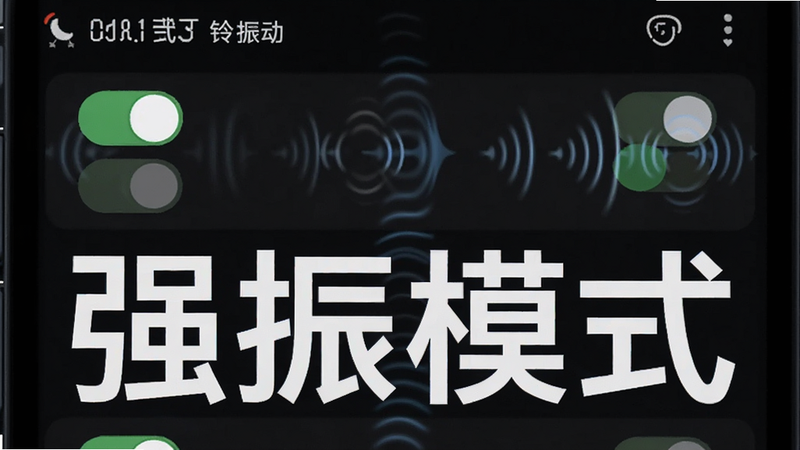主体为手机闹钟oneClock闹铃的振动设置界面,布局为开关列表,风格为深色科技风,细节处有振动波纹动画效果,画质高清,干净无干扰,文字'强振模式'醒目显示