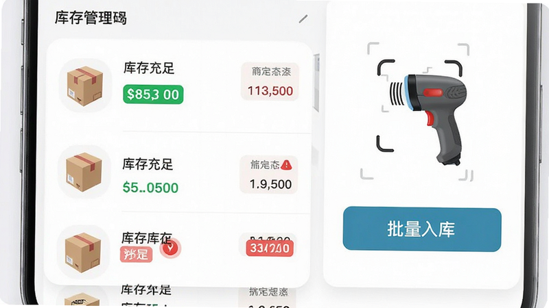 主体为手机界面展示库存管理页面,布局左侧为商品列表带实时库存数字,右侧为扫码枪图标与批量入库按钮,排版清晰,风格为极简科技风,细节展示绿色库存充足标识与红色预警标识,画质细腻,干净,无多余元素