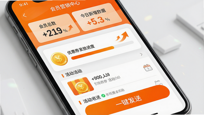 主体为手机屏幕展示会员营销中心界面,布局上方为会员总数与今日新增数据,中部为优惠券发放进度条与活动列表,底部为“一键发送”按钮,排版层次分明,风格为活力橙色系商务风,细节展示金币图标与增长趋势箭头,画质高清,干净,无多余元素