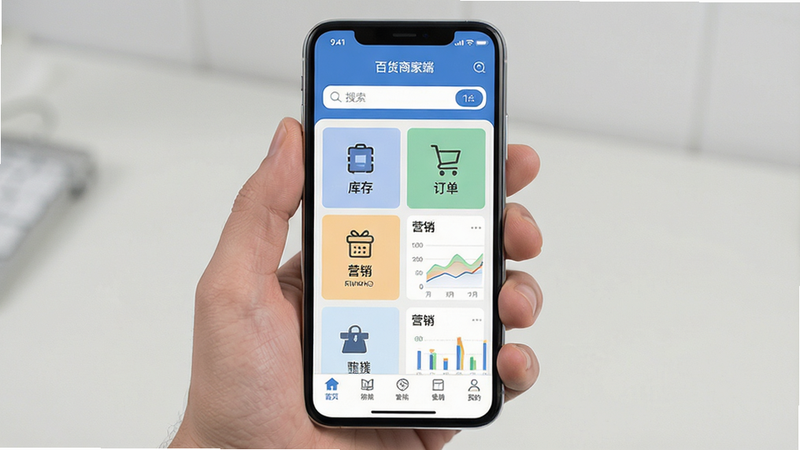 主体为一部手持智能手机,屏幕清晰显示“百货商家端”APP首页界面,布局为顶部搜索栏、中部核心功能网格(库存、订单、营销)、底部导航栏,排版整洁有序,风格为现代商务扁平化设计,细节包含清晰的图标与数据图表,画质高清,干净,无多余元素