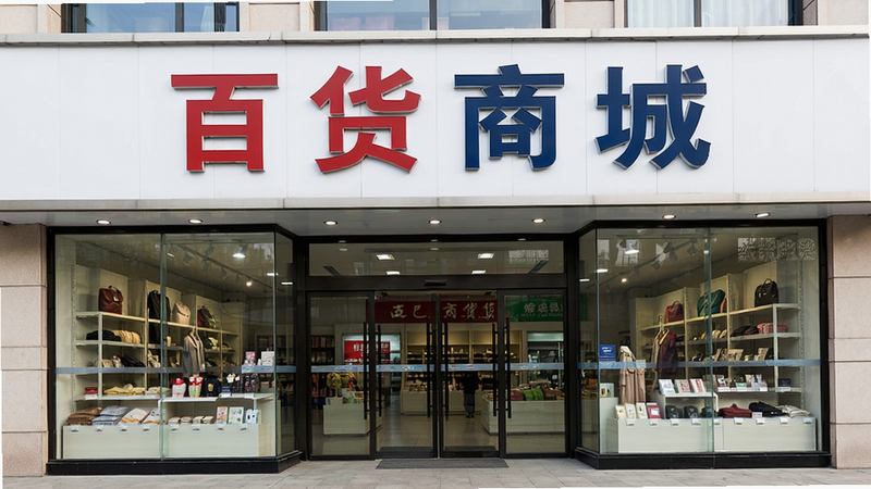 主体为一张标准的百货商店门头照片,布局为正面平视视角,包含清晰的“百货商城”招牌、玻璃橱窗及入口,排版对称,风格为真实摄影写实风,细节展示招牌字体清晰、橱窗内商品陈列整齐,画质高保真,干净,无多余杂乱元素