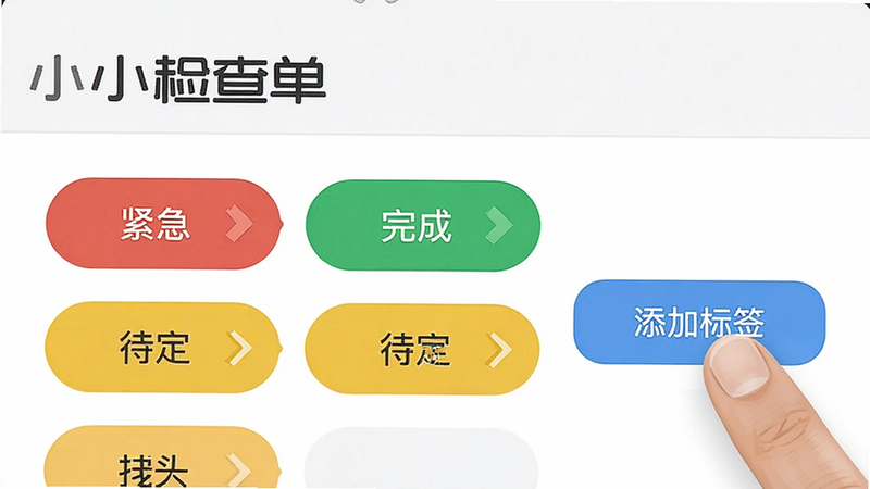 展示“小小检查单”应用中标签设置界面的截图,屏幕上显示多个彩色标签选项,如红色表示紧急,绿色表示完成,黄色表示待定,界面右侧有一个手指正在点击“添加标签”按钮,背景为纯白色,风格扁平化,排版清晰,细节丰富,画质极清,无干扰元素