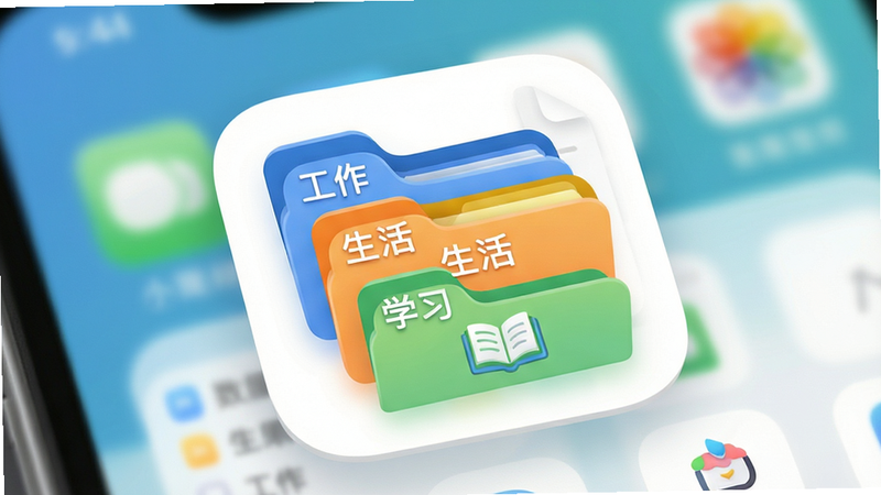 特写镜头展示“小小检查单”应用中的分类文件夹图标,图标设计圆润可爱,包含“工作”、“生活”、“学习”三个不同颜色的文件夹,背景虚化,突出前景的UI元素,风格清新明快,排版紧凑且富有层次感,细节清晰,画质高清,干净无杂物