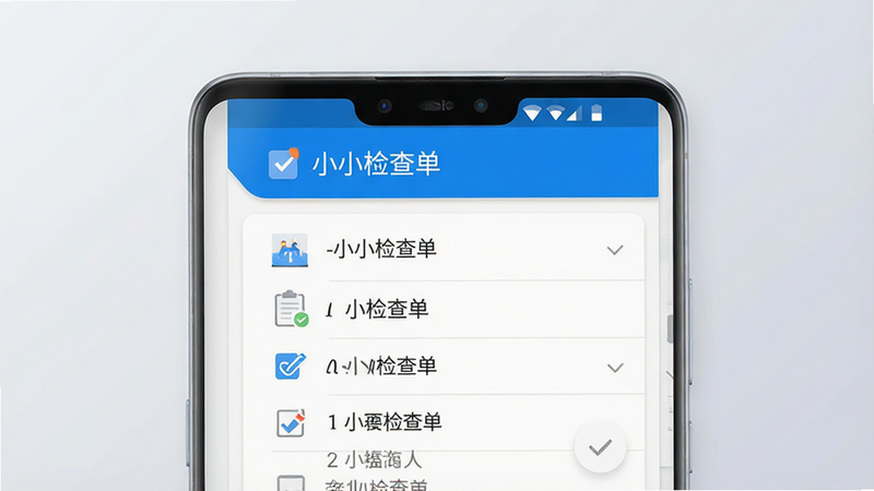 一张展示“小小检查单”Android应用主界面的高清图片,主体为简洁的白色卡片式UI设计,顶部有醒目的蓝色标题栏显示“小小检查单”,中间区域清晰展示带有复选框的任务列表条目,背景为柔和的浅灰色渐变,风格现代简约,排版整洁有序,细节处体现扁平化设计美学,画质8k,干净无多余元素