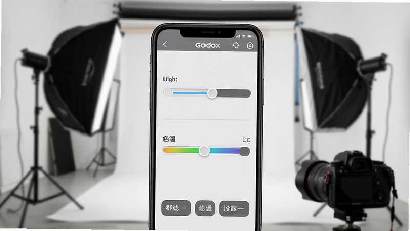 展示Godox Light应用界面的高清截图,主体为手机屏幕,界面清晰显示亮度滑块、色温调节条及群组设置按钮,背景为虚化的摄影棚环境,包含柔光箱和相机,风格现代简约,排版整洁,细节丰富,画质超清,无多余元素