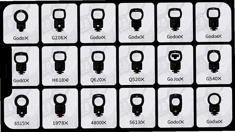 Godox Light兼容设备列表展示图,主体为手机屏幕,界面列出多种Godox灯具图标及名称,布局网格状,排版整齐,风格简洁,细节展示设备型号文字,画质高清,干净无杂质
